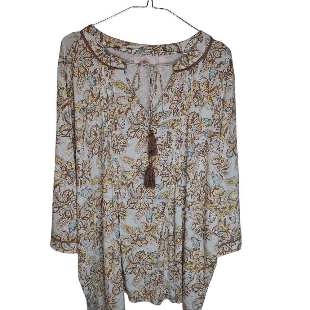 Belle by Kim Gravel Paisley Boho Tunic Brown Teal Blue Top 2X Tassel 3/4 Sleeve